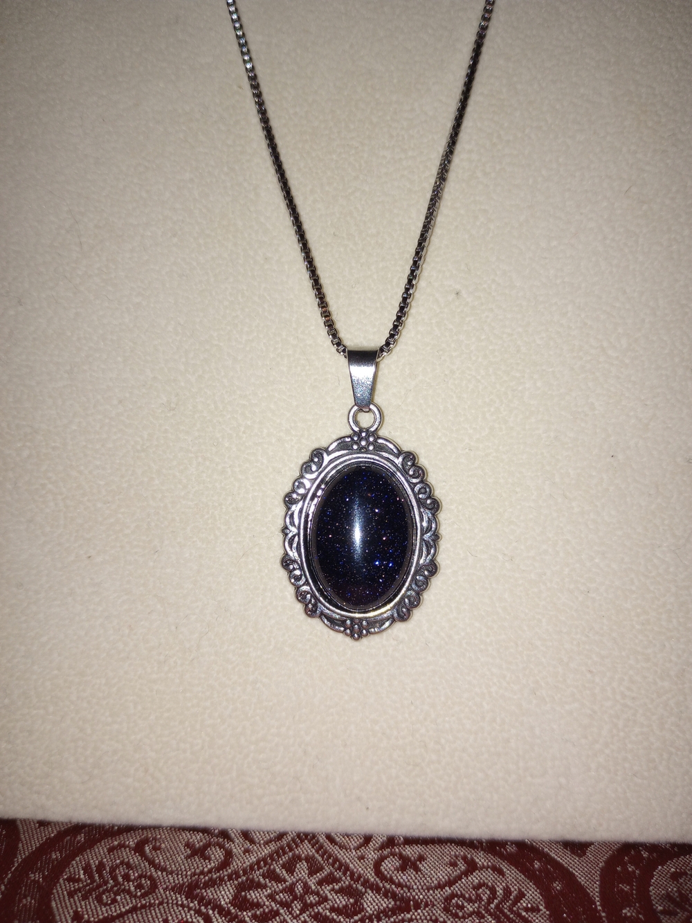 Silver-Tone Blue Goldstone Oval Pendant Necklace
